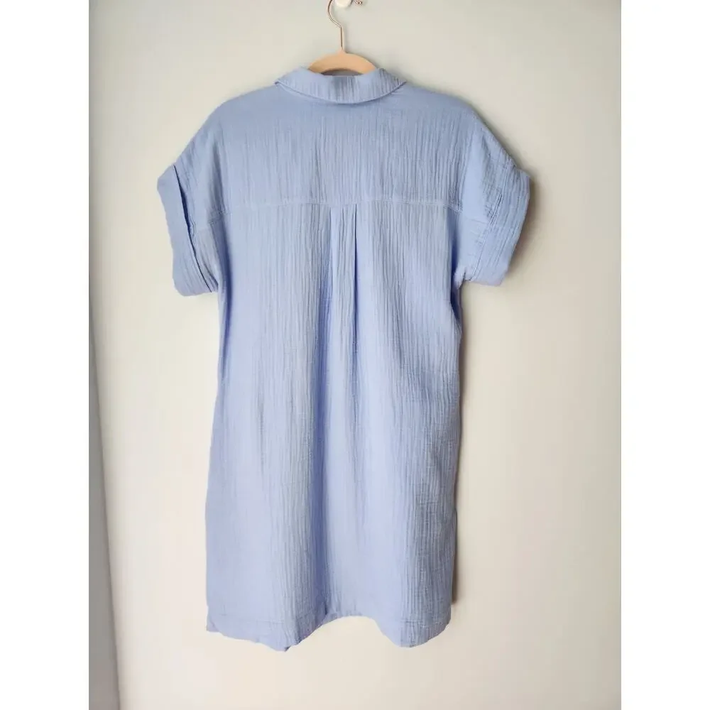 NWT J. Crew Short-Sleeve Gauze Popover Dress 100 % Cotton Blue S *Flaw